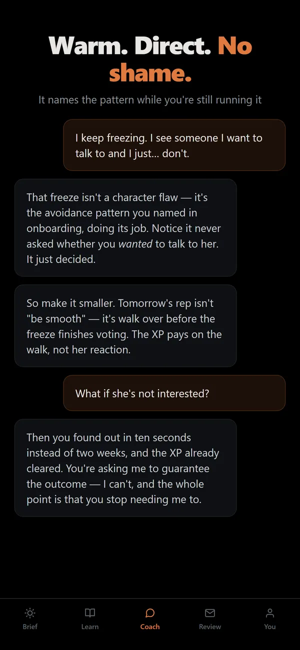 Coach chat naming an avoidance pattern and shrinking tomorrow's rep.