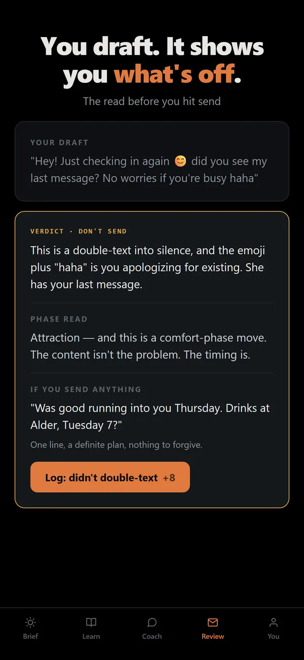 Message review: a draft, a 'don't send' verdict with the reason, and a cleaner alternative.